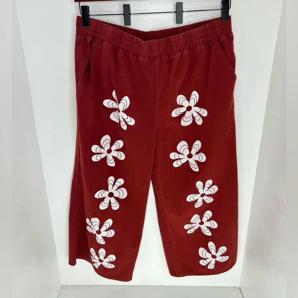 Cider Jeans Red Denim Cotton Flower Print‎ Wide Legs Pants Size 4XL Boho 40x27